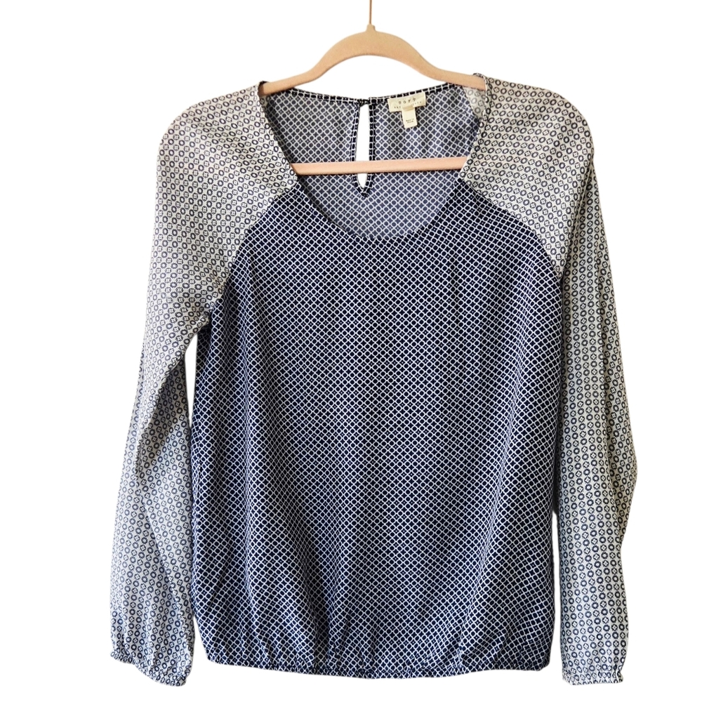 Soft Joie Mixed Patterns Pop Over Longsleeve Blouse Keyhole Neck Blue White XS